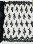 Small Floral Damask Beaded Lace Fabric - Floral Damask, 54" Width (1 Yard)