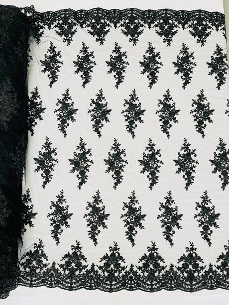 Small Floral Damask Beaded Lace Fabric - Floral Damask, 54" Width (1 Yard)