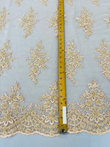 Small Floral Damask Beaded Lace Fabric - Floral Damask, 54" Width (1 Yard)