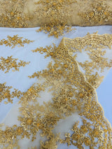 Small Floral Damask Beaded Lace Fabric - Floral Damask, 54" Width (1 Yard)
