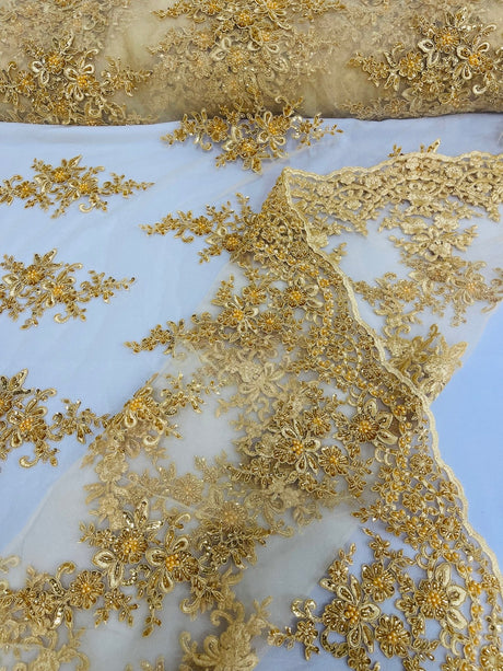 Small Floral Damask Beaded Lace Fabric - Floral Damask, 54" Width (1 Yard)
