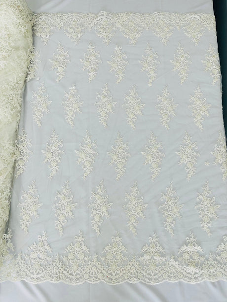 Small Floral Damask Beaded Lace Fabric - Floral Damask, 54" Width (1 Yard)