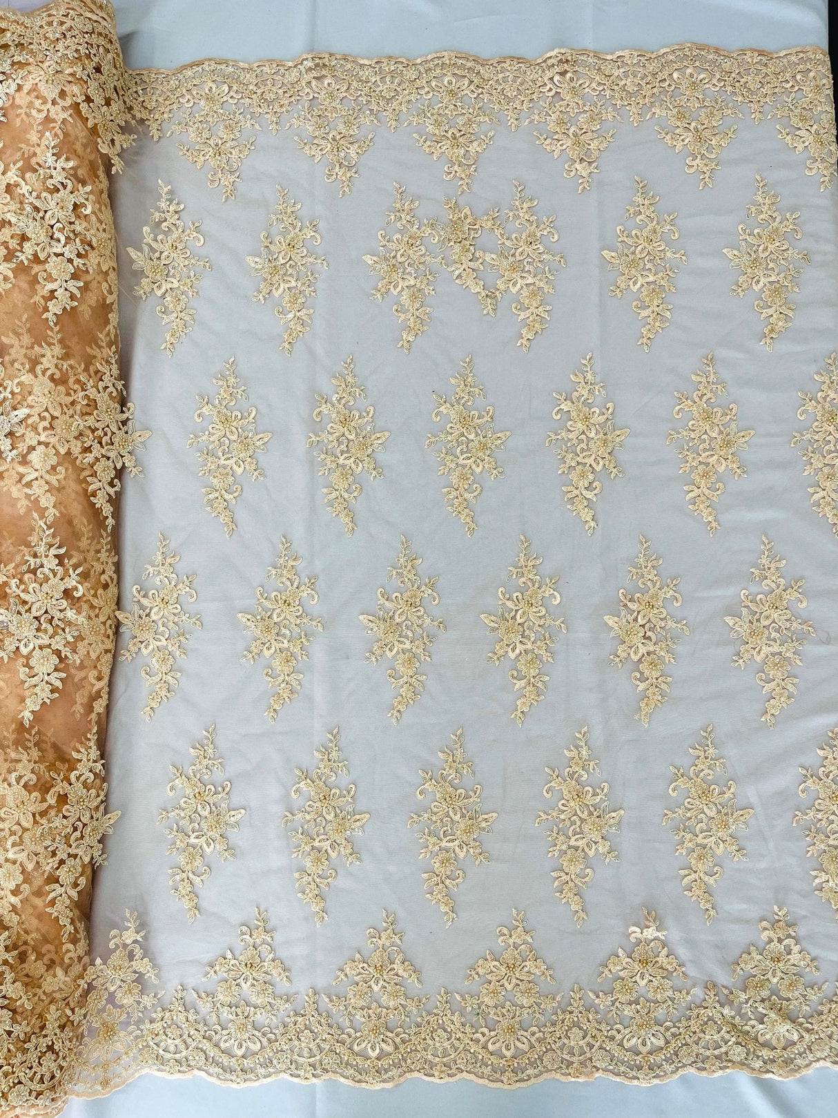 Small Floral Damask Beaded Lace Fabric - Floral Damask, 54" Width (1 Yard)