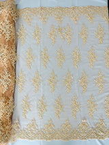 Small Floral Damask Beaded Lace Fabric - Floral Damask, 54" Width (1 Yard)