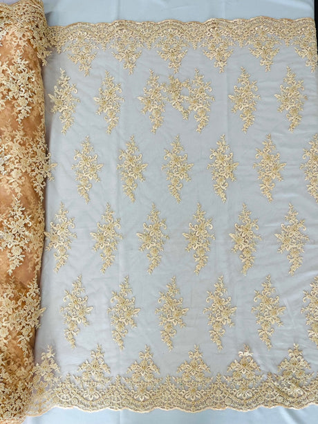 Small Floral Damask Beaded Lace Fabric - Floral Damask, 54" Width (1 Yard)