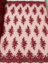 Small Floral Damask Beaded Lace Fabric - Floral Damask, 54" Width (1 Yard)