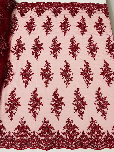 Small Floral Damask Beaded Lace Fabric - Floral Damask, 54" Width (1 Yard)