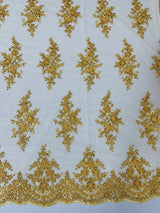 Small Floral Damask Beaded Lace Fabric - Floral Damask, 54" Width (1 Yard)
