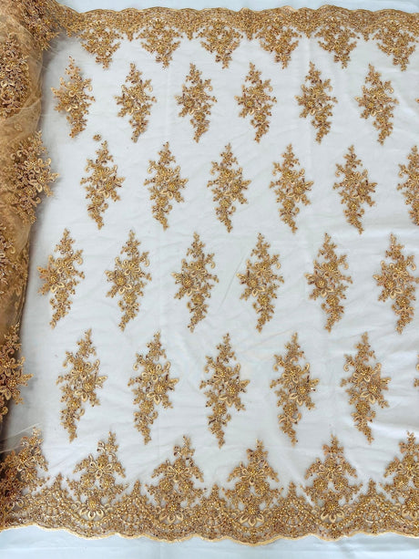Small Floral Damask Beaded Lace Fabric - Floral Damask, 54" Width (1 Yard)