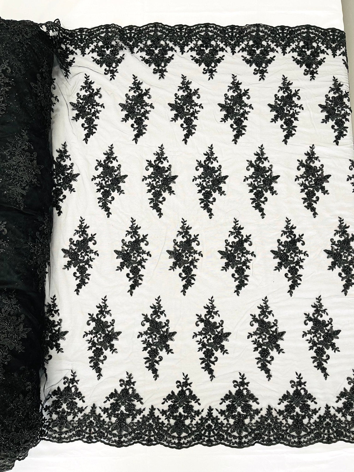 Small Floral Damask Beaded Lace Fabric - Floral Damask, 54" Width (1 Yard)
