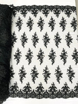 Small Floral Damask Beaded Lace Fabric - Floral Damask, 54" Width (1 Yard)