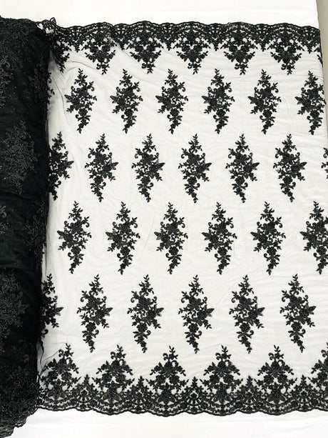 Small Floral Damask Beaded Lace Fabric - Floral Damask, 54" Width (1 Yard)