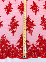 Small Floral Damask Beaded Lace Fabric - Floral Damask, 54" Width (1 Yard)