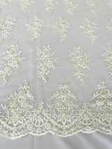 Small Floral Damask Beaded Lace Fabric - Floral Damask, 54" Width (1 Yard)