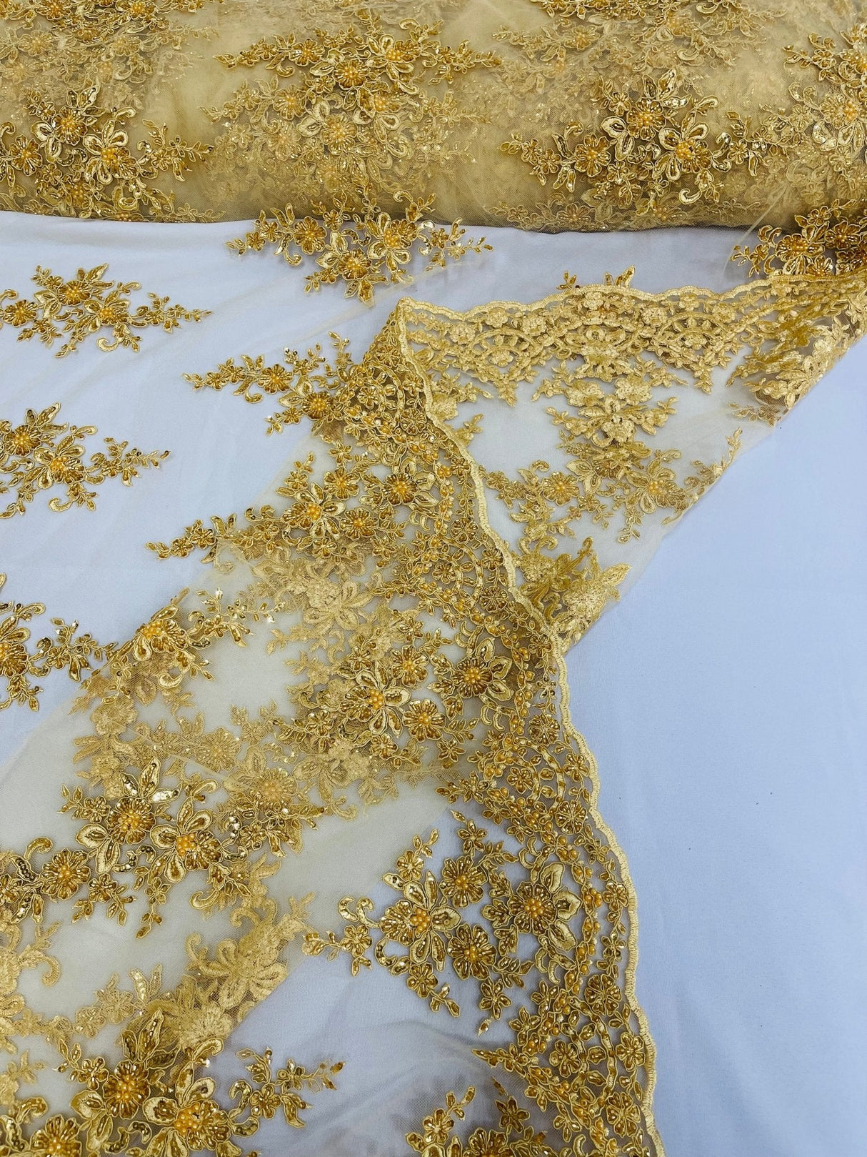 Small Floral Damask Beaded Lace Fabric - Floral Damask, 54" Width (1 Yard)