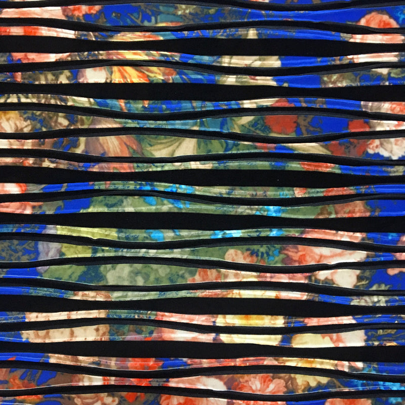 Flower Bouquet Allover Royal Blue W/ Black Stripes Nylon Spandex Fabric - Royal Blue, Black Stripes, 56/58" Wide