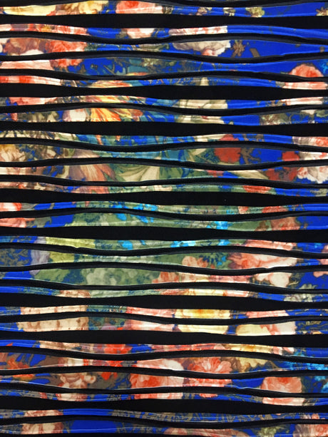 Flower Bouquet Allover Royal Blue W/ Black Stripes Nylon Spandex Fabric - Royal Blue, Black Stripes, 56/58" Wide