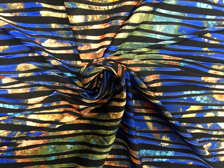Flower Bouquet Allover Royal Blue W/ Black Stripes Nylon Spandex Fabric - Royal Blue, Black Stripes, 56/58" Wide