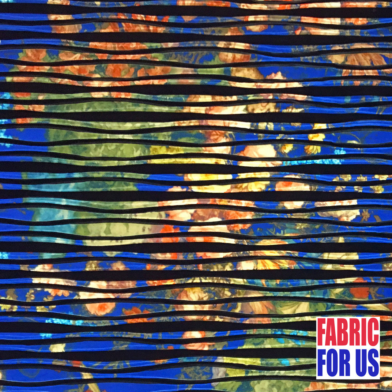 Flower Bouquet Allover Royal Blue W/ Black Stripes Nylon Spandex Fabric - Royal Blue, Black Stripes, 56/58" Wide