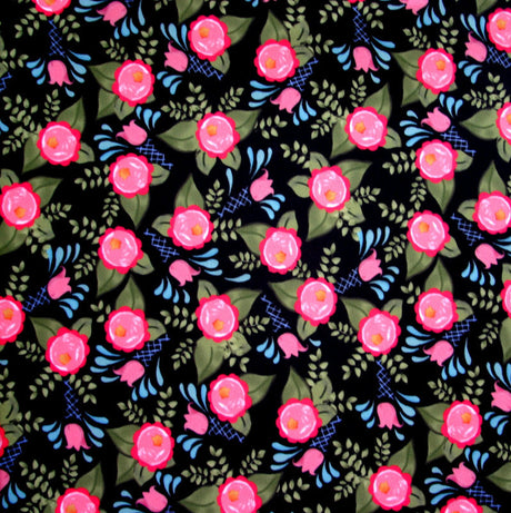 Swim Knit Floral Spray on Black Nylon Lycra