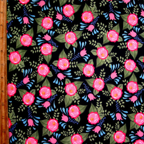 Swim Knit Floral Spray on Black Nylon Lycra