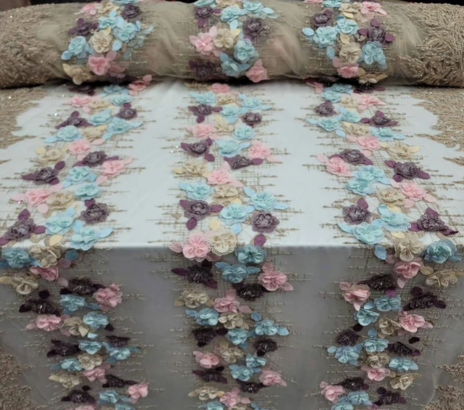 3D Floral Beaded Lace Beige Blue Pink