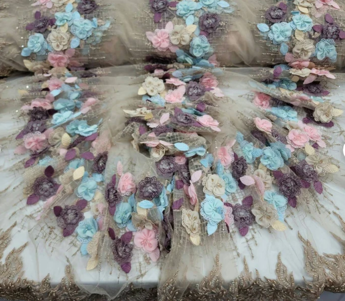 3D Floral Beaded Lace Beige Blue Pink