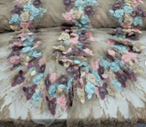 3D Floral Beaded Lace Beige Blue Pink