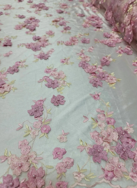 3D Floral Lace on Mesh Pink and Blush
