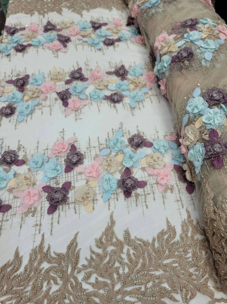 3D Floral Beaded Lace Beige Blue Pink