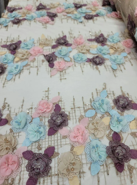 3D Floral Beaded Lace Beige Blue Pink
