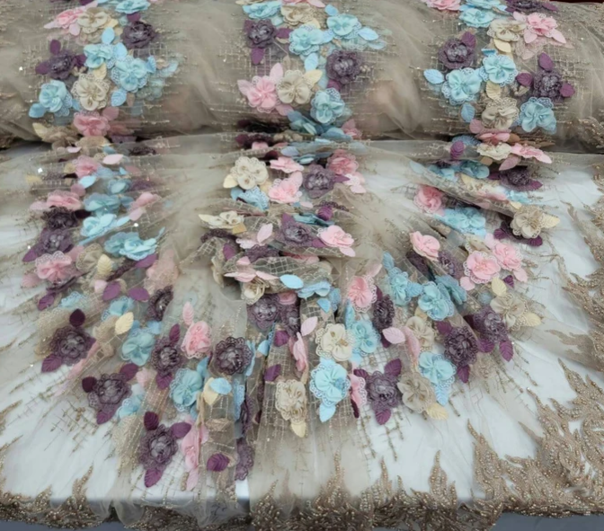 3D Floral Beaded Lace Beige Blue Pink