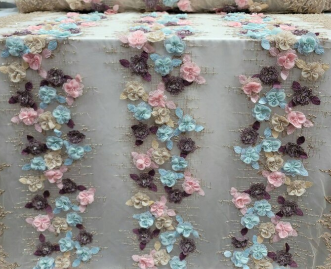 3D Floral Beaded Lace Beige Blue Pink
