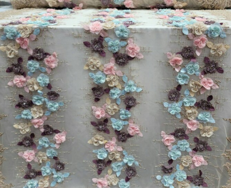 3D Floral Beaded Lace Beige Blue Pink
