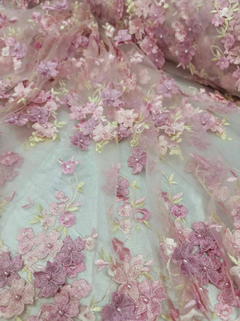 3D Floral Lace on Mesh Pink and Blush