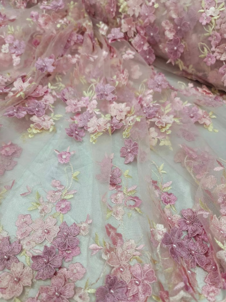 3D Floral Lace on Mesh Pink and Blush