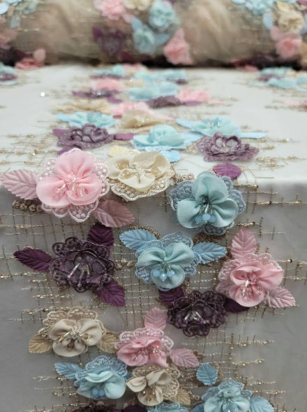 3D Floral Beaded Lace Beige Blue Pink