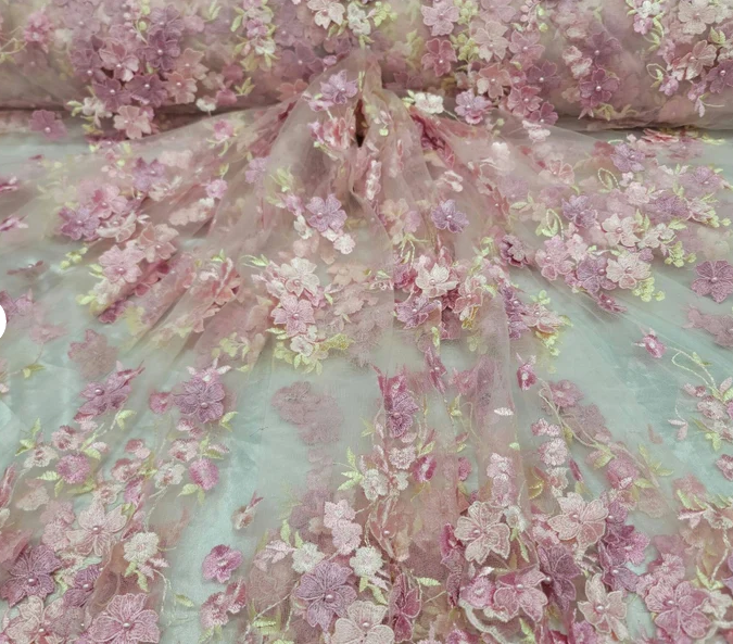 3D Floral Lace on Mesh Pink and Blush