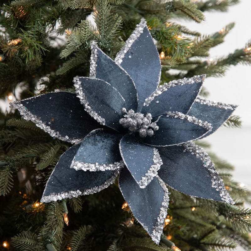 22” x 12.5" Velvet Glitter Poinsettia Stem - Blue and Grey