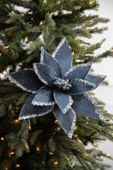22” x 12.5" Velvet Glitter Poinsettia Stem - Blue and Grey
