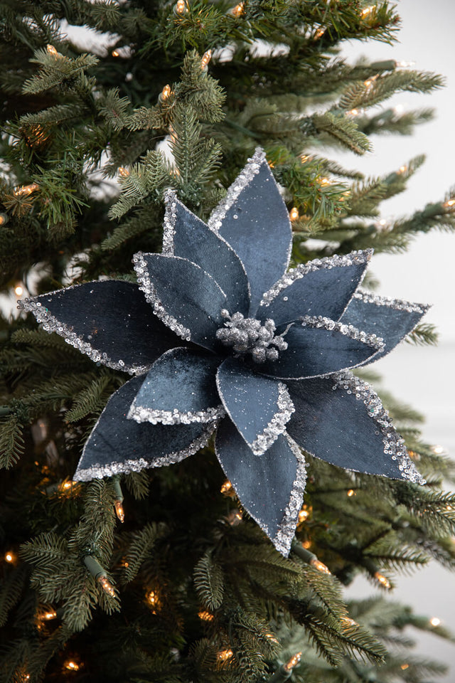 22” x 12.5" Velvet Glitter Poinsettia Stem - Blue and Grey