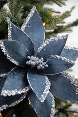 22” x 12.5" Velvet Glitter Poinsettia Stem - Blue and Grey