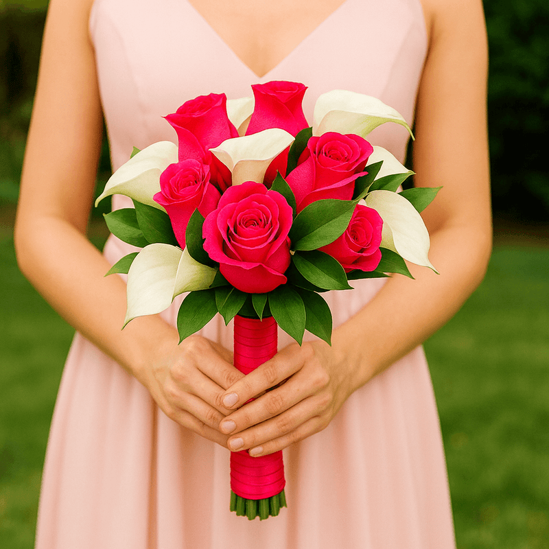 Dark Pink Roses White Calla Lilies Bridesmaids Bouquets 3 Sets Fresh Flowers 26 Stems Each
