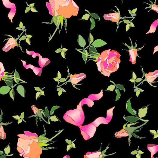 Printed Spandex Noir Rose Garden with Pink Ribbons