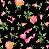 Printed Spandex Noir Rose Garden with Pink Ribbons