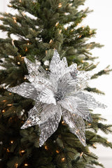 22 Inch x 14 Inch Velvet Sheer Poinsettia Stem – Silver | Luxurious White Christmas Elegance
