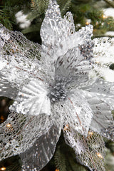 22 Inch x 14 Inch Velvet Sheer Poinsettia Stem – Silver | Luxurious White Christmas Elegance