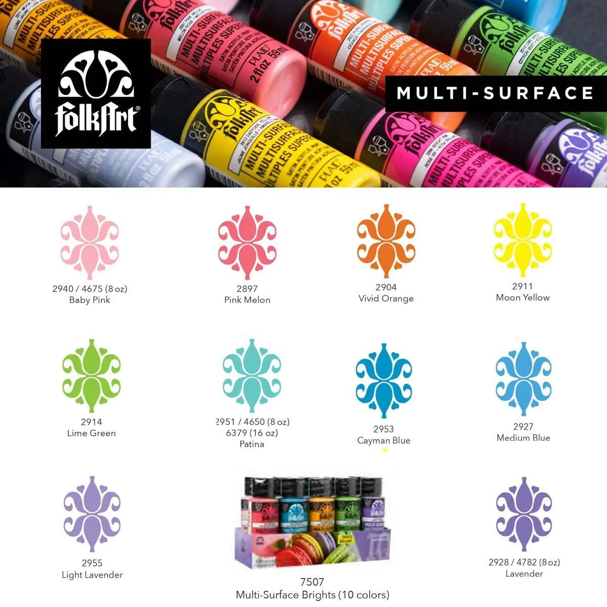 FolkArt Multi-Surface Acrylic Paint - Bright Set 2 (10 Set - 2 oz Bottles)
