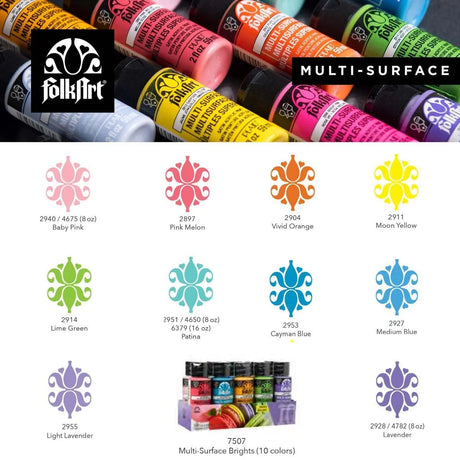 FolkArt Multi-Surface Acrylic Paint - Bright Set 2 (10 Set - 2 oz Bottles)