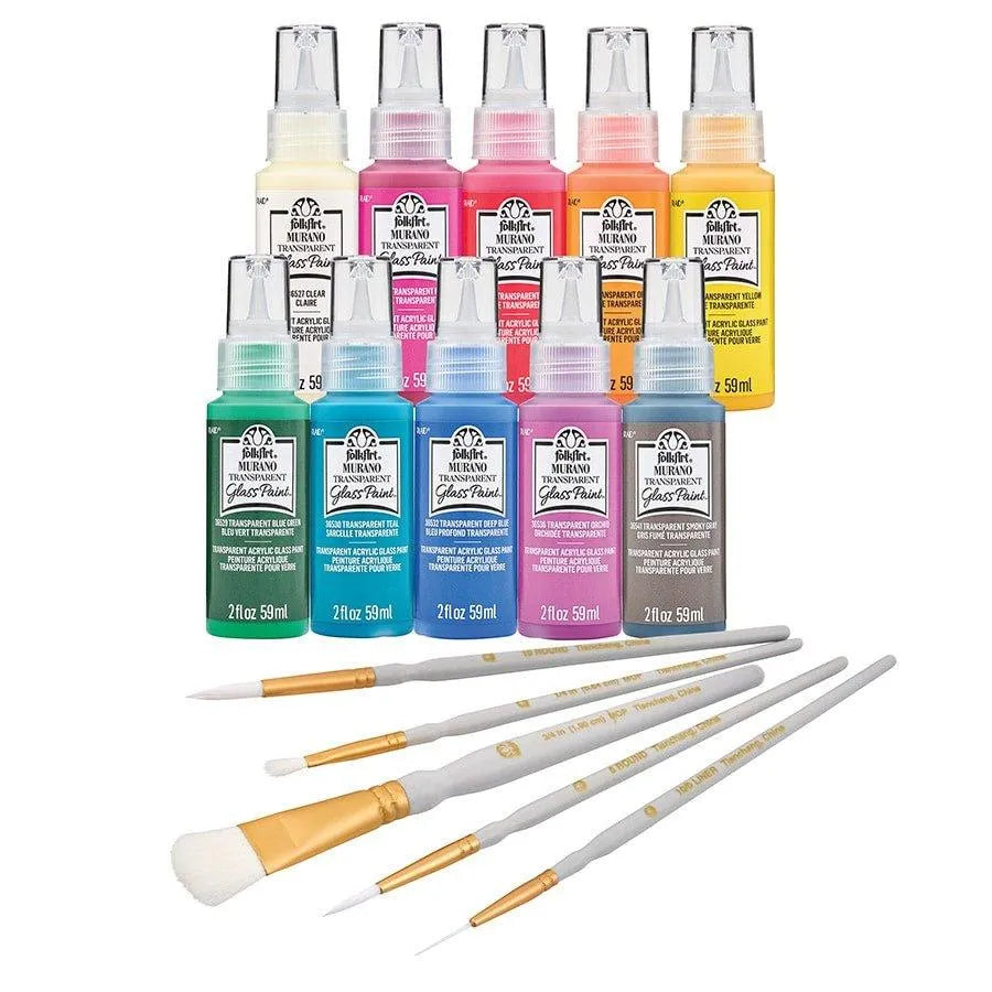 FolkArt Murano Glass Paint & Brush Set (10 Bottles 2 oz & 5 Brushes)